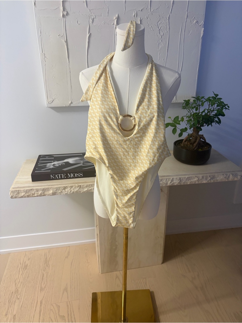 Monday Swimwear Brand New Pale Yellow Halter One-Piece with Gold Ring